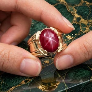 May include: A gold ring featuring a large, oval-shaped, deep red star sapphire gemstone. The stone displays a distinct six-rayed star effect across its polished, cabochon-cut surface. The band is crafted from polished yellow gold with a wide design.