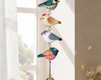 Hand Painted Bird Ornament with Bell, Rustic Wooden Bird String, Animal Wind Chime, Window Hanging, Garden Chime, Gift for Bird Lover