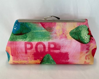 Pink & green strawberry print "Veronica" clutch with silver kiss lock frame. Handmade