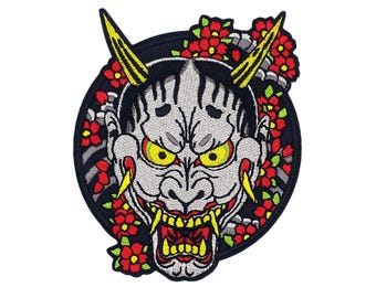 Hannya Mask -  LAD/ Yakuza - Iron on Embroidered Patch - Morale Patch, Hook and Loop, Pin Badge - Majima Goro, Sakura Blossoms, Tattoo