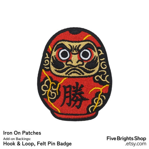 Red Daruma - Iron on Embroidered Patch - 勝 Victory - Kintsugi & Tattoo Motifs - Hook and Loop, Morale, Pin Badge - Japanese