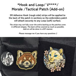 K&ouml;nnte beinhalten: Gestickte Aufn&auml;her mit Klettverschluss, darunter ein roter Panda, eine Katze mit blauen Augen und floralen Akzenten sowie ein kreisf&ouml;rmiges Design mit einer Figur. Die Aufn&auml;her sind zum Anbringen auf Schlaufenoberfl&auml;chen konzipiert.