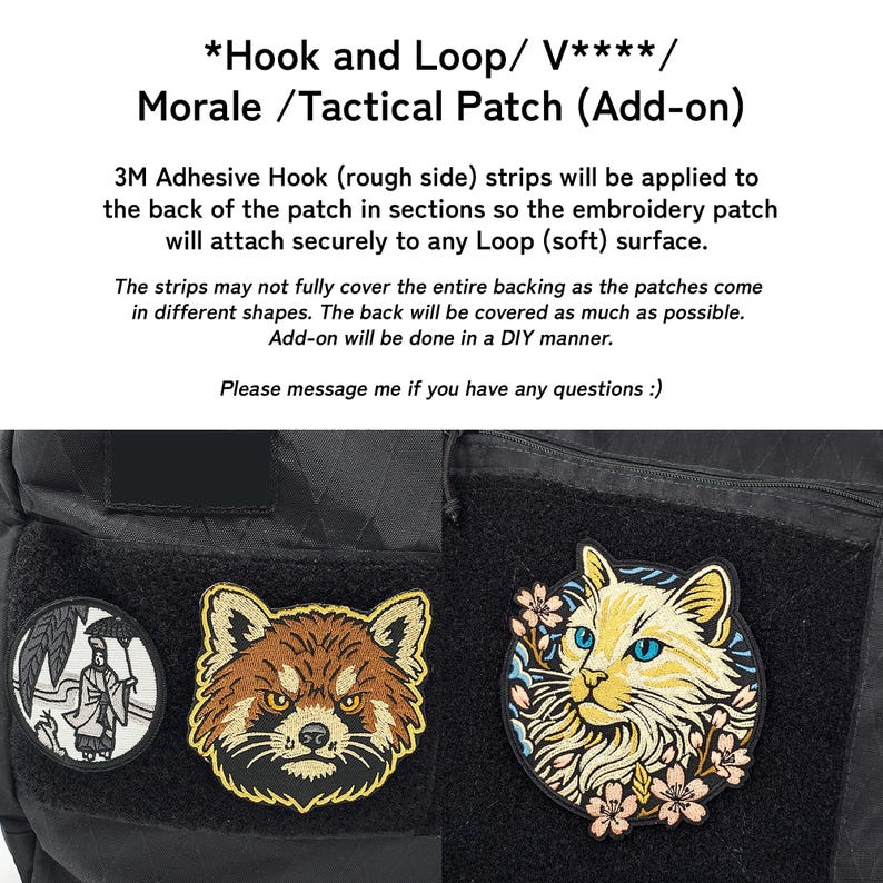 K&ouml;nnte beinhalten: Gestickte Aufn&auml;her mit Klettverschluss, darunter ein roter Panda, eine Katze mit blauen Augen und floralen Akzenten sowie ein kreisf&ouml;rmiges Design mit einer Figur. Die Aufn&auml;her sind zum Anbringen auf Schlaufenoberfl&auml;chen konzipiert.