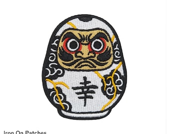 White Daruma - Iron on Embroidered Patch - 幸 Happiness - Kintsugi & Tattoo Motifs - Hook and Loop, Morale, Pin Badge - Japanese