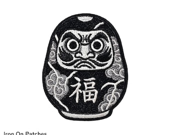 Schwarzer Daruma – Aufbügelbarer, gestickter Aufnäher – Glücksbringer – Kintsugi & Tattoo – Klettverschluss, Moral-Aufnäher