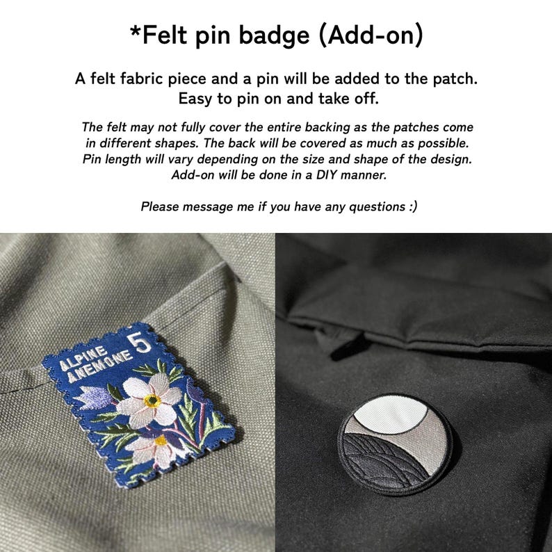 K&ouml;nnte beinhalten: Das Bild zeigt zwei Filz-Anstecknadeln. Eine ist ein blaues Rechteck mit wei&szlig;en Blumen und dem Text "ALPINE ANEMONE 5". Die andere ist eine runde Anstecknadel mit einem schwarzen, grauen und wei&szlig;en Design. Beide sind auf Stoff befestigt.