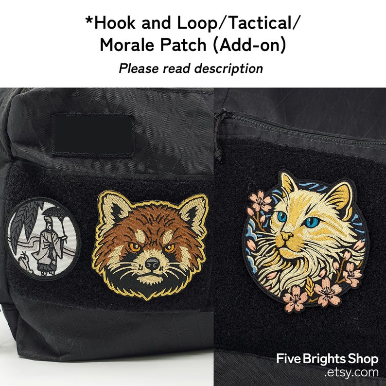 May include: A black backpack with three embroidered patches. One patch features a person with an umbrella, another a red panda, and the third a cat with floral accents. Text on the image reads "Hook and Loop/Tactical/Morale Patch (Add-on)" and "Please read description."
