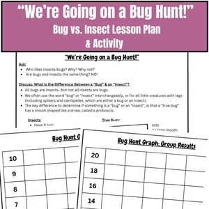May include: A lesson plan titled "We're Going on a Bug Hunt!" with accompanying activity sheets. The sheets include a graph for group results and a chart for a bug hunt. The text explains the difference between bugs and insects.