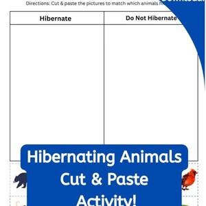 Hibernating vs. Non-Hibernating Animals Cut & Paste Activity | Preschool, Kindergarten, 1st Grade Winter Science Worksheet PDF