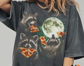 Three Raccoons Eating Pizza Graphic T-Shirt for Raccoon Lovers and Foodies, Vintage Moon Comfort Colors® Funny Unisex Shirt