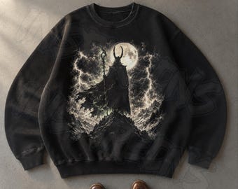 Dark Fantasy Sorcerer Sweatshirt, Gothic Horned Warlock Crewneck, Full Moon Lightning Pullover, Metal Art Sweater, Alternative Goth Gift