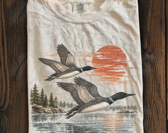 Common Loon Vintage 90s Graphic T-Shirt, Retro Comfort Colors® Lake Sunset Flying Loons Tee, North Woods Cabin Shirt, Birdwatcher Gift