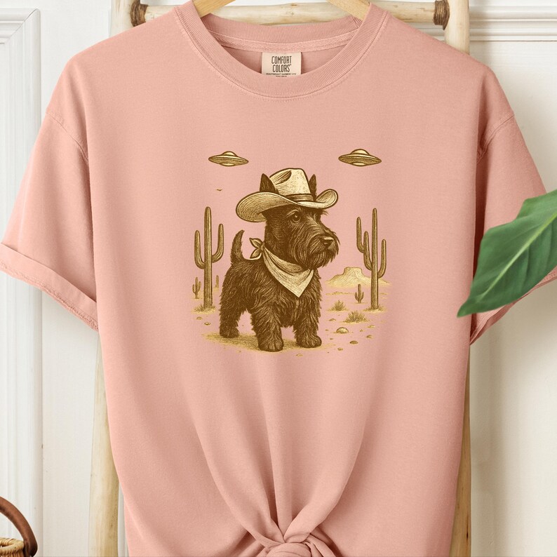May include: A light pink Comfort Colors sweatshirt featuring a graphic of a black dog wearing a cowboy hat and bandana, with cacti and UFOs in the background. The dog is the central focus, set against a desert landscape.