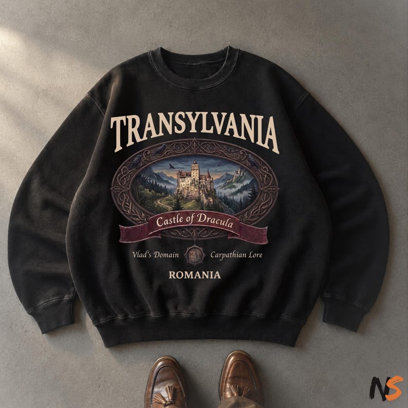 Puede incluir: Una sudadera negra de cuello redondo con un estampado gr&aacute;fico que incluye el texto TRANSYLVANIA en la parte superior, un marco ovalado con una ilustraci&oacute;n de un castillo, y el texto Castle of Dracula, Vlad's Domain, Carpathian Lore y ROMANIA.