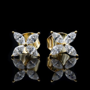 Marquise Moissanite Flower Studs 14K Solid Gold Stud Earrings Dainty Minimalist Four Stone Marquise Moissanite Studs Birthday Gift for Women