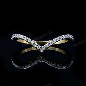 Moissanite V Shape Ring Wedding Band Women Chevron Band Curved Wedding Band 14K Gold Ring V Wedding Band Half Eternity Ring for Her