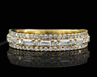 Vintage Wedding Band Baguette and Round Half Eternity Band Art Deco Moissanite Band 10K Gold Ring Baguette Stacking Ring Anniversary Band