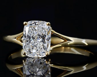 Cushion Cut Lab Grown Diamond Solitaire Engagement Ring IGI Certified Elongated Cushion Cut Diamond Wedding Ring Unique Splint Shank Ring
