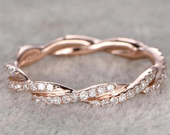 Curved Diamond Wedding Ring Solid 14K Rose gold Art Deco Style Band Unique Twisted Stackable Ring Rope Moissanite Band Full Eternity Band