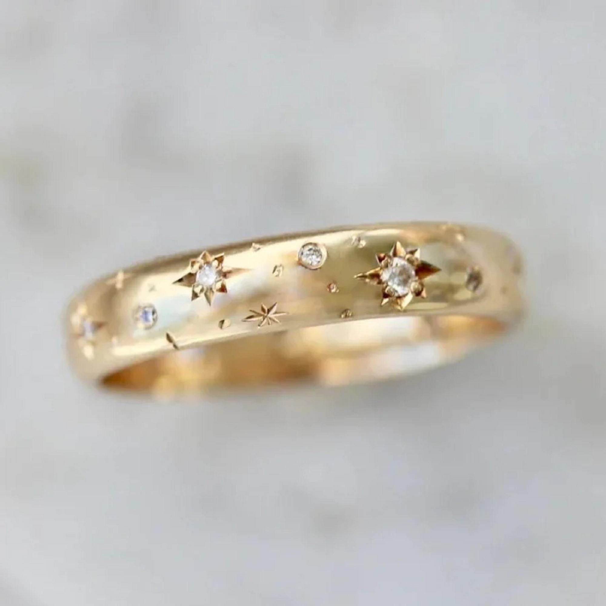 Vintage Starburst Wedding Band for Her, 14k Gold Diamond Band Gift, His Vintage Starburst Wedding Band for Her, 14k Gold Diamond Band Gift, His