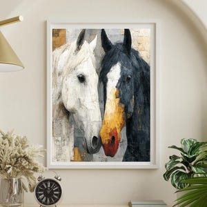 Two Horses Wall Art | Textured Animal Portrait | Rustic Equine Printable | Digital Download