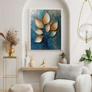 Golden Green Leaf Wall Art – Modern Textured Botanical Oil Painting | Digital Download