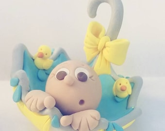 Baby Shower Umbrella Cake Topper Baby Boy Baby Girl or Neutral Baby on Blanket Personalized Custom Handmade Keepsake for Baby Shower party