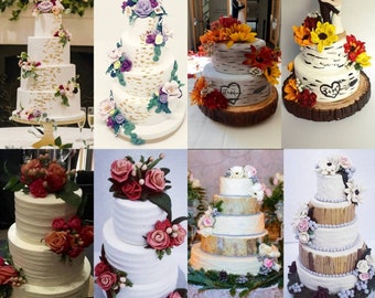Puede incluir: Un collage de diez tartas de boda decoradas con varios estilos y colores. Algunas tartas presentan diseños florales, mientras que otras tienen elementos rústicos como corteza de abedul y girasoles. Las tartas son todas de varios niveles y tienen una variedad de acabados de glaseado.
