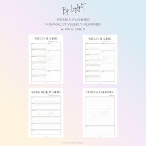 Peut inclure: Un pack de planificateur hebdomadaire minimaliste avec quatre pages. Les pages comprennent des sections pour la planification hebdomadaire, la planification de la semaine de travail et les notes et priorités. Le texte "By Laylight" est écrit en cursive en haut.