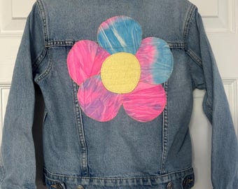 Up Cycled, Girls, Denim Jacket with Tie Dye Flowers from Repurposed Materials