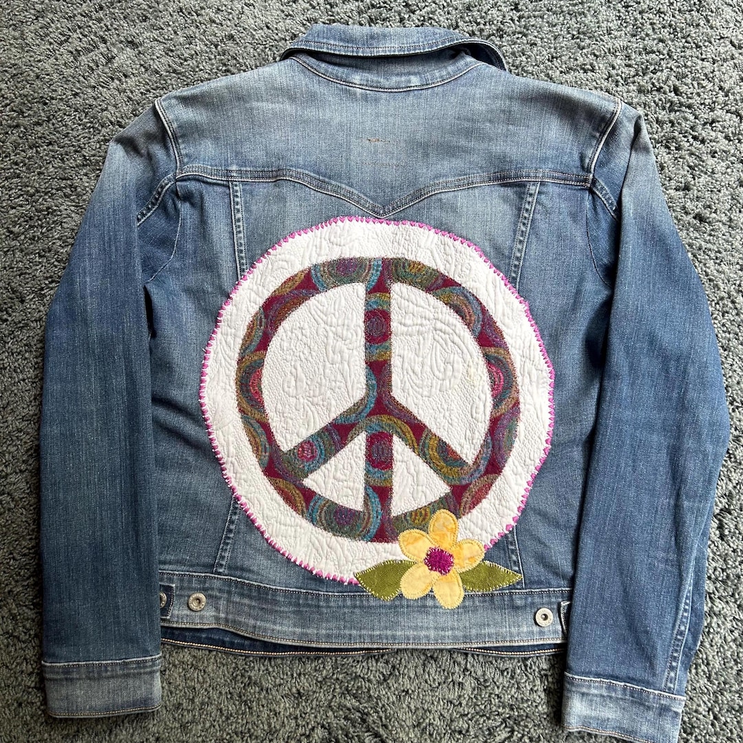 Up Cycled Denim Jacket Embellished With Peace Sign and Flower - Etsy