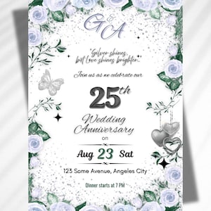 Printable 25th Wedding Anniversary Invitation | Silver Anniversary Party Invite | Editable Template | Digital Download