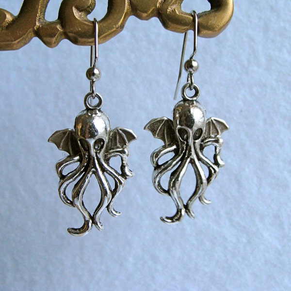 Call of Cthulhu earrings, antiqued silver