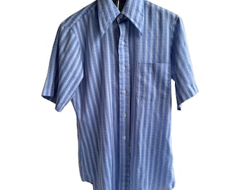 70's Arrow Kent Collection Blue Striped Short Sleeve Button Up Dress Shirt M