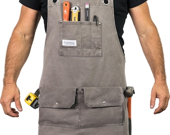 Heavy-Duty Waxed Canvas Work Apron – Durable Grey Apron for Makers