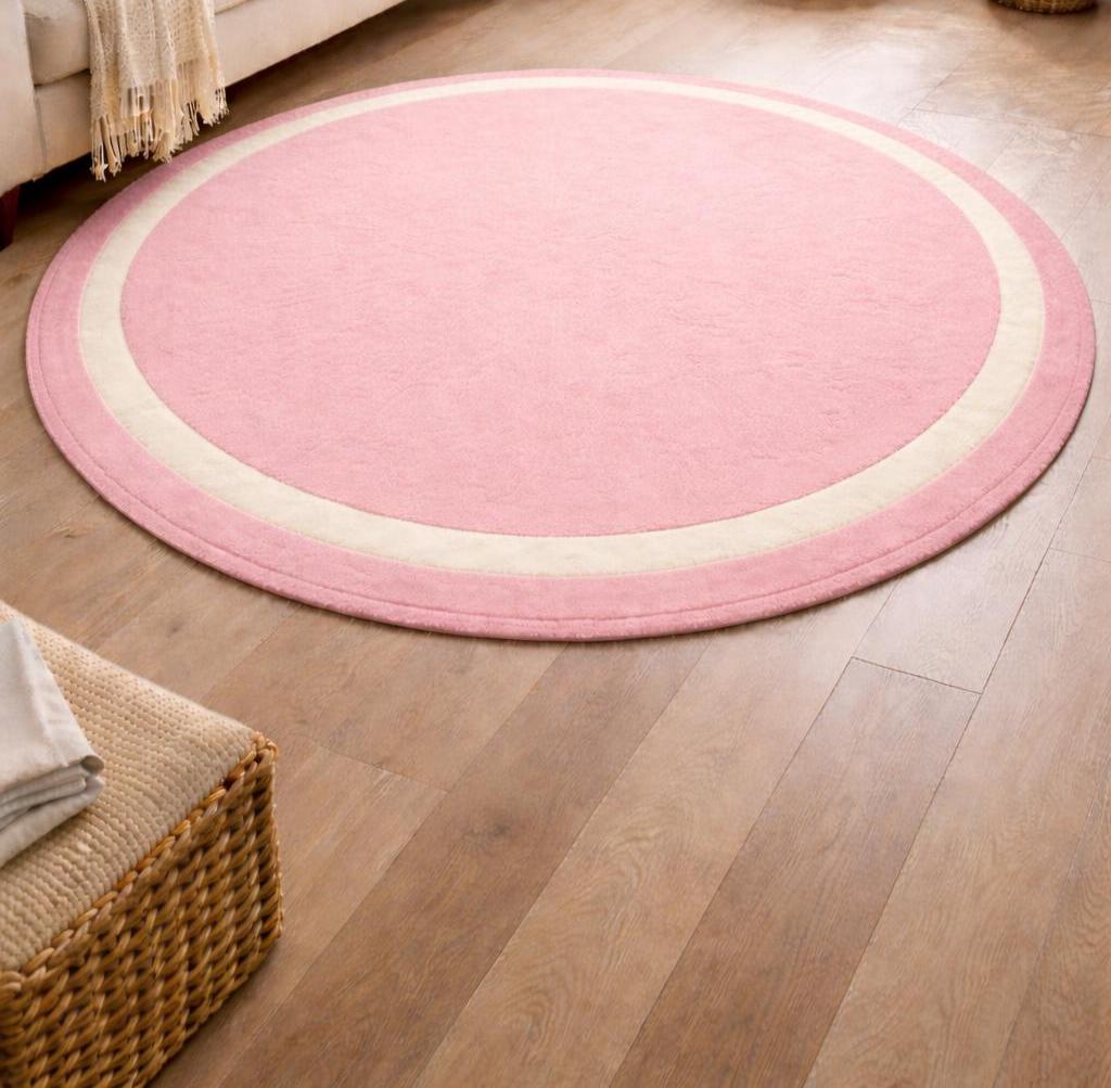 Hand Tufted Wool Round Rug – Blush Pink Ivory Border Carpet – Modern ...