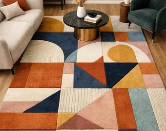 Handtuftad rektangulär matta | Modern geometrisk ullmatta | Trendiga färger | Lyxig vardagsrumsinredning | Modern matta med skuren lugg