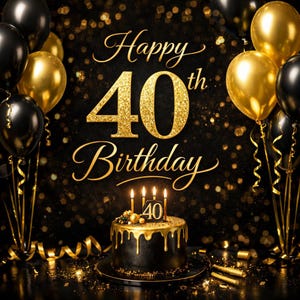 May include: A black birthday cake with gold dripping icing and four lit candles, celebrating a 40th birthday. The words "Happy 40th Birthday" are written in gold script. Gold and black balloons and confetti complete the festive scene.