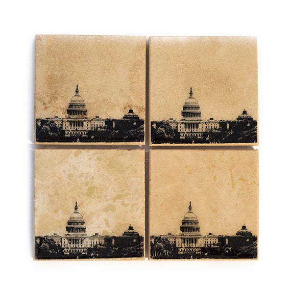 Washington DC Skyline Coaster Set (4 Stone Coasters, Black & White) Cityscape Home Decor, DC Gift