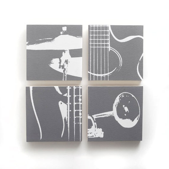 Music Wall Art Set of 4: Guitar, Trumpet, Bass, & Cymbal on Wood (6 x 6 inches each, Gray with White) Screen Print and Painting