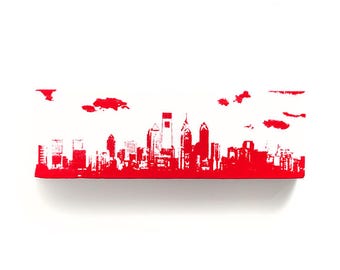Philadelphia Skyline Canvas Art, Red Screen Print, City Home Decor (12 x 4 inches)