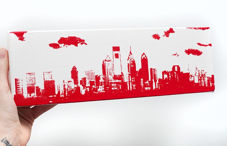 Philadelphia Skyline Canvas 12 x 4 inches, White with Red City Skyline Screen Print and Painting Home Decor image 3