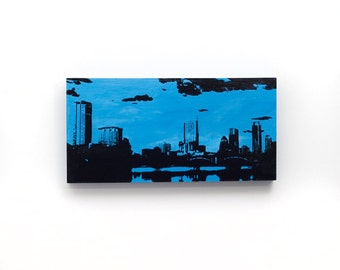 Austin Skyline Wall Art on Wood (12 x 6 pollici, blu con nero) Paesaggio urbano Serigrafia