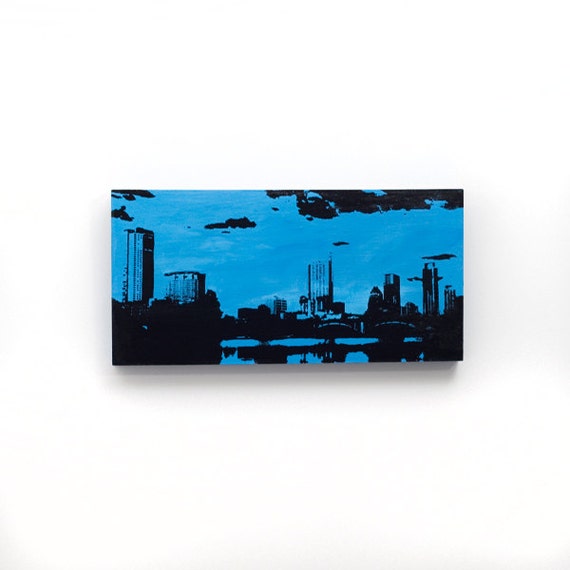Austin Skyline Wall Art on Wood (12 x 6 inches, Blue with Black) Cityscape Screen Print