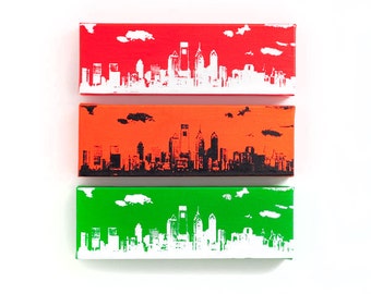 Philadelphia Skyline Canvas: Philly Sports Trio Edition I (12 x 4 inches each) Red, White, Green, Orange, and Black Cityscape Art