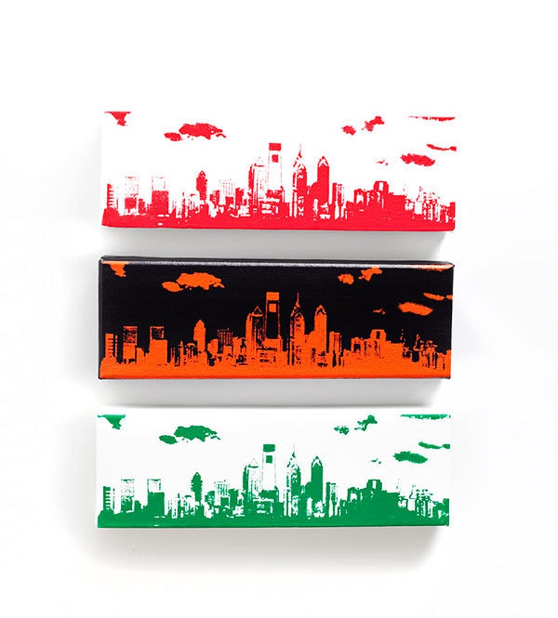 Philadelphia Skyline Canvas 12 x 4 inches, White with Red City Skyline Screen Print and Painting Home Decor image 2