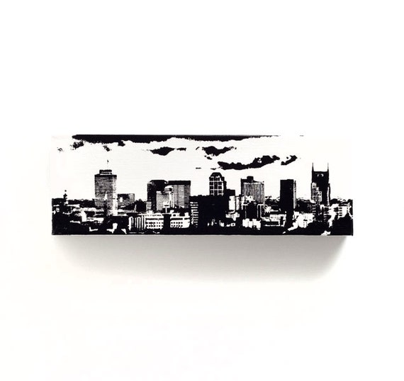 Nashville Skyline Canvas (12 x 4 inches, White with Black) Cityscape Screen Print Home Decor