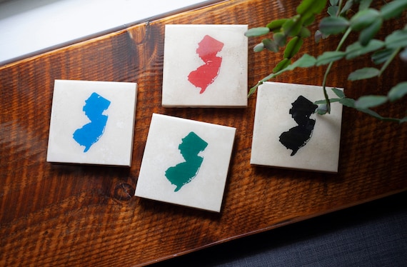 New Jersey Stone Coasters Set of 4 (Black, Blue, Green, & Red) NJ Gift