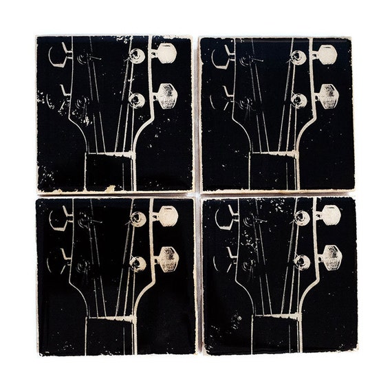 Guitar Coaster Set (4 Stone Coasters, Black and White) Music Home Decor, Gift for Musician