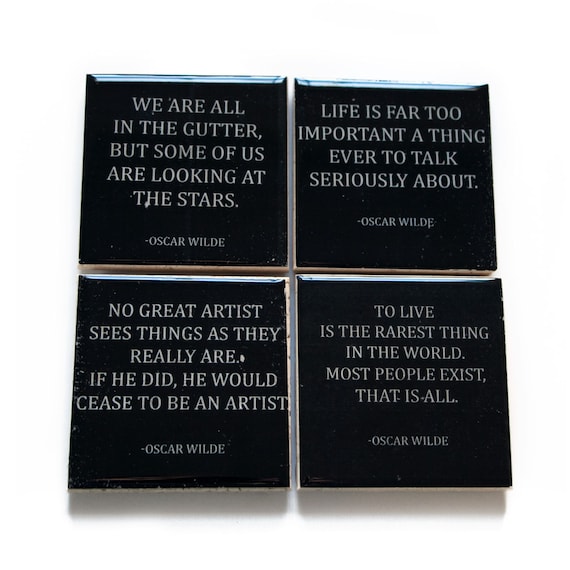 OSCAR WILDE Quotes Coaster Set (4 Stone Coasters, Black and White) Literature Home Decor